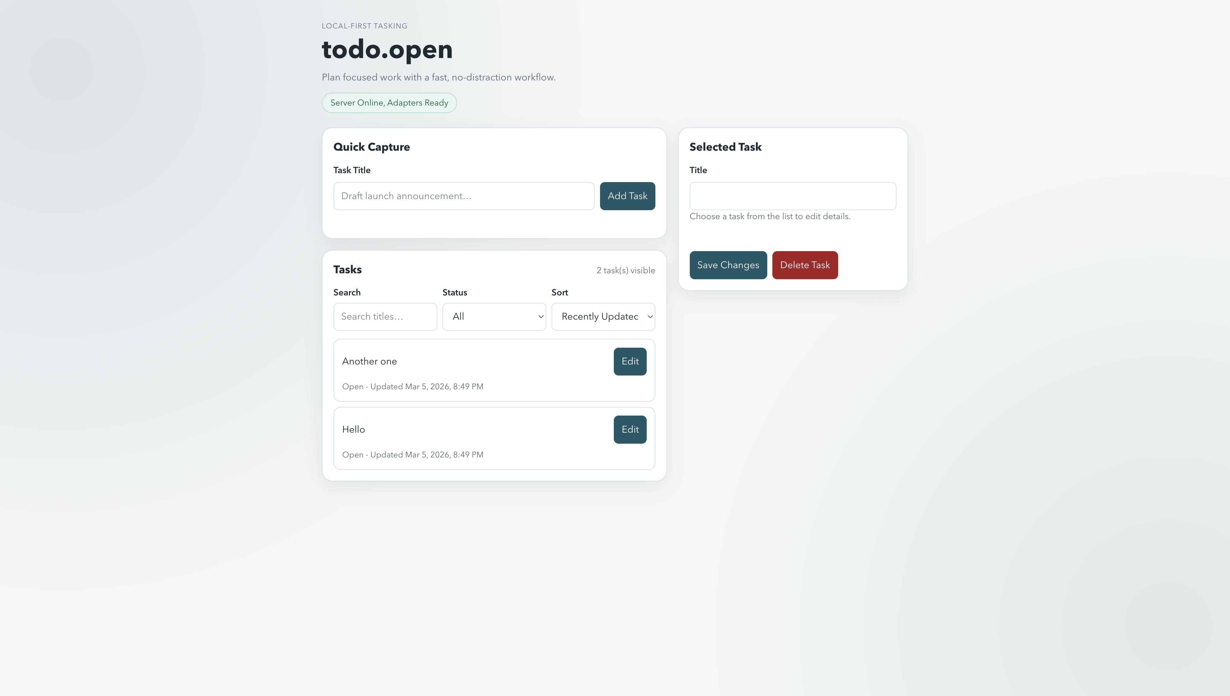 todo.open web UI screenshot showing task list, quick capture, and edit panel